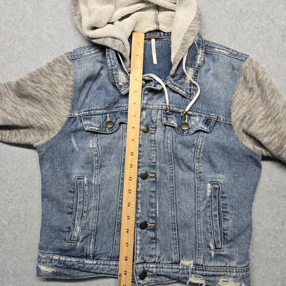 Free People‎ Jacket Womens Small Blue Gray Denim Fleece Hoodie Distressed Casual - Picture 13 of 16